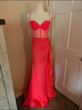 JVN by Jovani Strapless Hot Pink Ruched Corset Maxi Dress